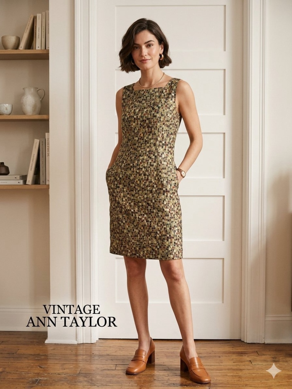 Ann Taylor Sleeveless Mosaic Sheath Dress in Olive and Brown